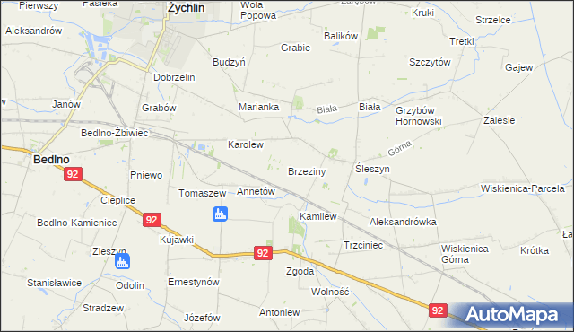 mapa Brzeziny gmina Żychlin, Brzeziny gmina Żychlin na mapie Targeo