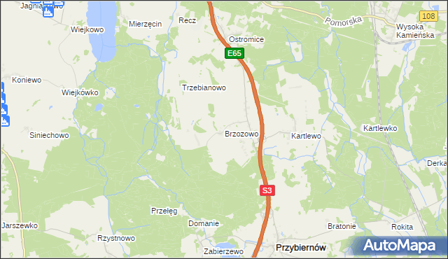 mapa Brzozowo gmina Przybiernów, Brzozowo gmina Przybiernów na mapie Targeo