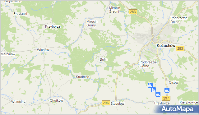 mapa Bulin gmina Kożuchów, Bulin gmina Kożuchów na mapie Targeo