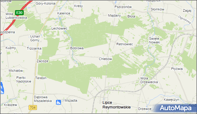 mapa Chlebów gmina Lipce Reymontowskie, Chlebów gmina Lipce Reymontowskie na mapie Targeo
