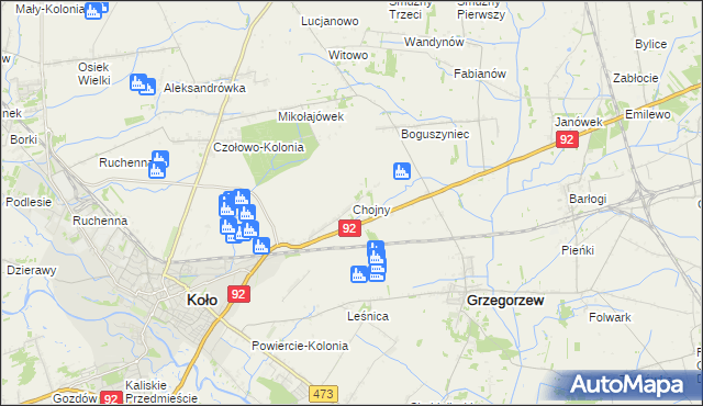 mapa Chojny gmina Koło, Chojny gmina Koło na mapie Targeo