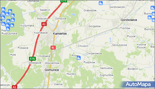 mapa Chruścin gmina Gomunice, Chruścin gmina Gomunice na mapie Targeo