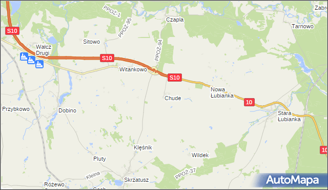 mapa Chude gmina Wałcz, Chude gmina Wałcz na mapie Targeo