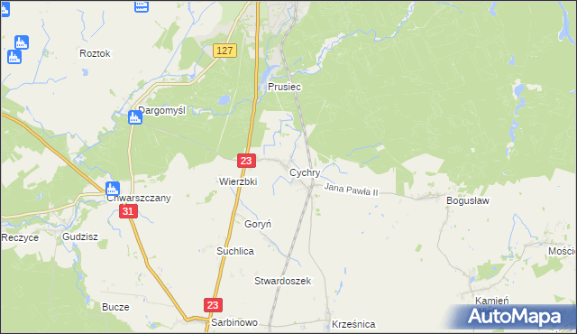 mapa Cychry gmina Dębno, Cychry gmina Dębno na mapie Targeo