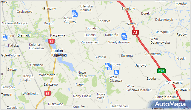 mapa Czaple gmina Lubień Kujawski, Czaple gmina Lubień Kujawski na mapie Targeo