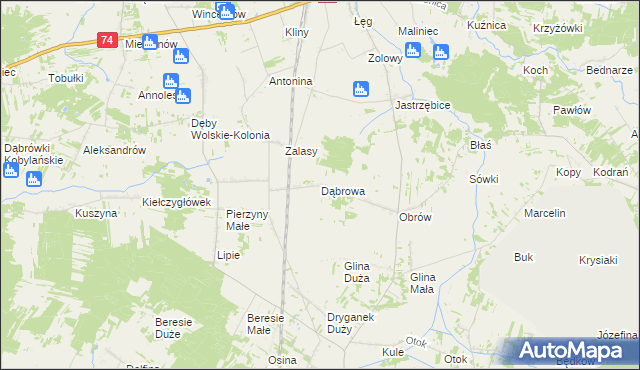 mapa Dąbrowa gmina Kiełczygłów, Dąbrowa gmina Kiełczygłów na mapie Targeo