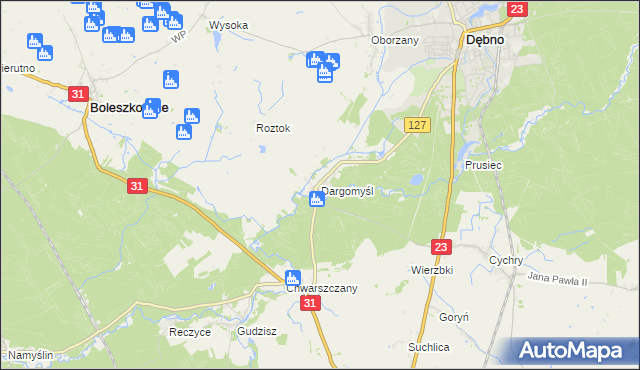 mapa Dargomyśl gmina Dębno, Dargomyśl gmina Dębno na mapie Targeo