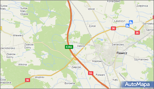 mapa Dębno gmina Rawicz, Dębno gmina Rawicz na mapie Targeo