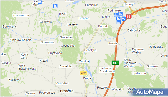 mapa Dębołęka gmina Brzeźnio, Dębołęka gmina Brzeźnio na mapie Targeo