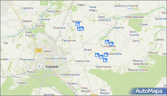 mapa Długie gmina Koluszki, Długie gmina Koluszki na mapie Targeo