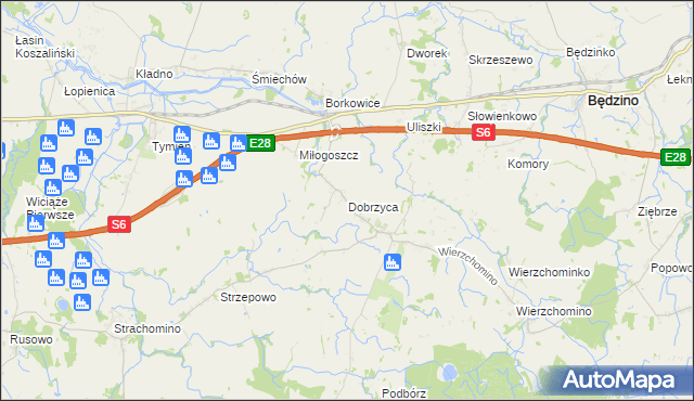 mapa Dobrzyca gmina Będzino, Dobrzyca gmina Będzino na mapie Targeo