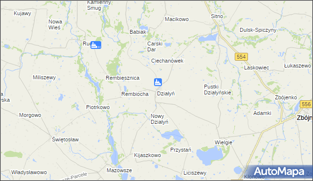 mapa Działyń gmina Zbójno, Działyń gmina Zbójno na mapie Targeo