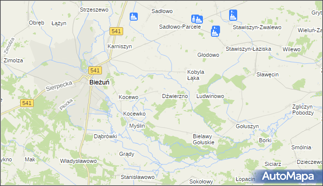 mapa Dźwierzno gmina Bieżuń, Dźwierzno gmina Bieżuń na mapie Targeo
