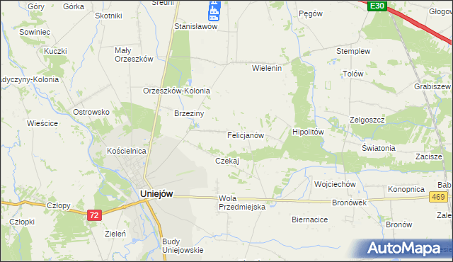 mapa Felicjanów gmina Uniejów, Felicjanów gmina Uniejów na mapie Targeo