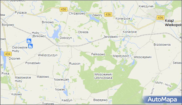 mapa Feliksowo gmina Książ Wielkopolski, Feliksowo gmina Książ Wielkopolski na mapie Targeo