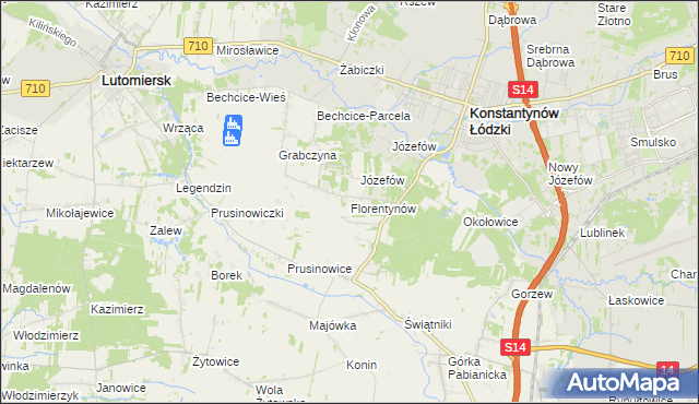 mapa Florentynów gmina Lutomiersk, Florentynów gmina Lutomiersk na mapie Targeo