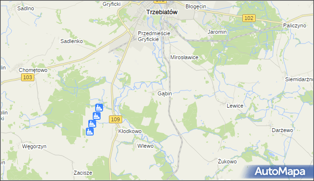 mapa Gąbin gmina Trzebiatów, Gąbin gmina Trzebiatów na mapie Targeo