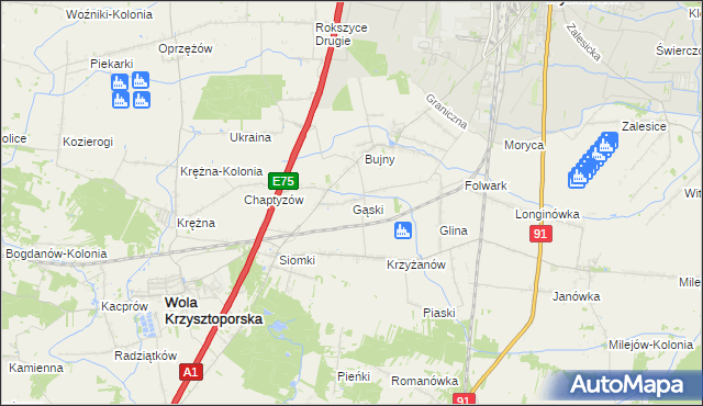 mapa Gąski gmina Wola Krzysztoporska, Gąski gmina Wola Krzysztoporska na mapie Targeo