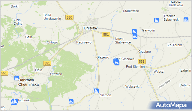 mapa Głażewo gmina Unisław, Głażewo gmina Unisław na mapie Targeo