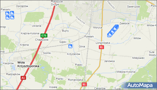 mapa Glina gmina Wola Krzysztoporska, Glina gmina Wola Krzysztoporska na mapie Targeo