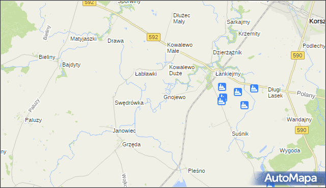 mapa Gnojewo gmina Korsze, Gnojewo gmina Korsze na mapie Targeo