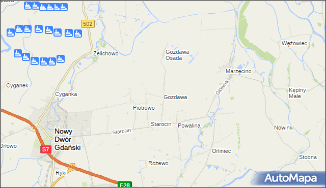 mapa Gozdawa gmina Nowy Dwór Gdański, Gozdawa gmina Nowy Dwór Gdański na mapie Targeo