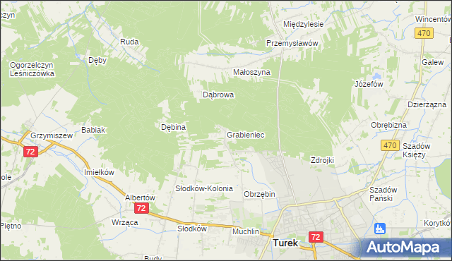 mapa Grabieniec gmina Turek, Grabieniec gmina Turek na mapie Targeo