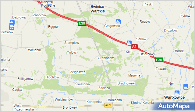 mapa Grabiszew gmina Wartkowice, Grabiszew gmina Wartkowice na mapie Targeo