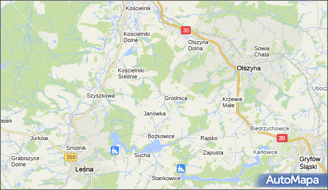 mapa Grodnica gmina Olszyna, Grodnica gmina Olszyna na mapie Targeo
