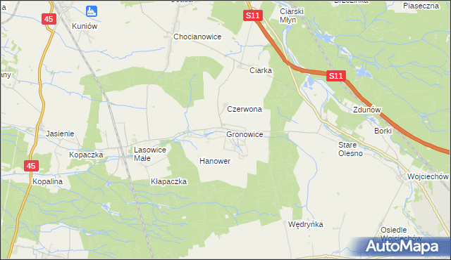 mapa Gronowice gmina Lasowice Wielkie, Gronowice gmina Lasowice Wielkie na mapie Targeo