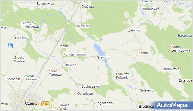 mapa Grzybno gmina Brodnica, Grzybno gmina Brodnica na mapie Targeo