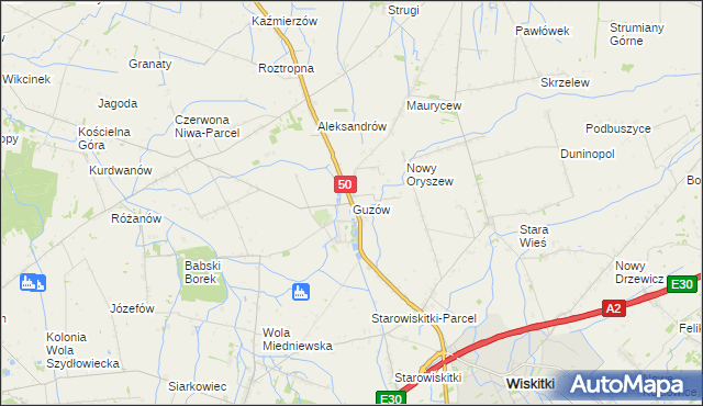 mapa Guzów gmina Wiskitki, Guzów gmina Wiskitki na mapie Targeo