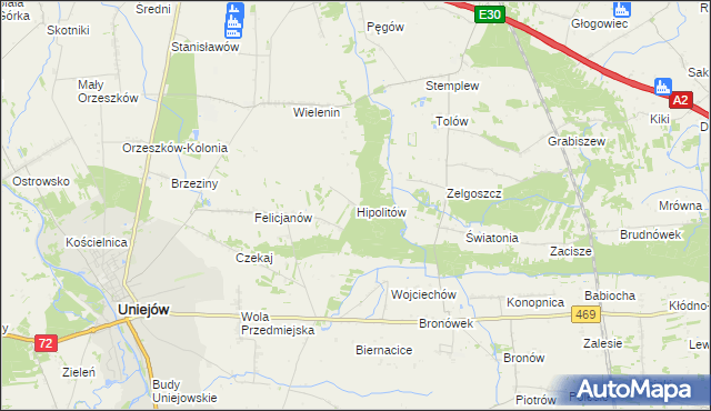 mapa Hipolitów gmina Uniejów, Hipolitów gmina Uniejów na mapie Targeo