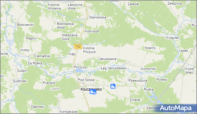 mapa Jakubowice gmina Kluczewsko, Jakubowice gmina Kluczewsko na mapie Targeo