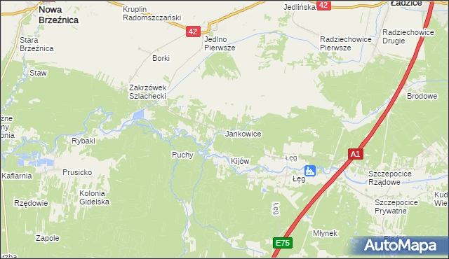 mapa Jankowice gmina Ładzice, Jankowice gmina Ładzice na mapie Targeo