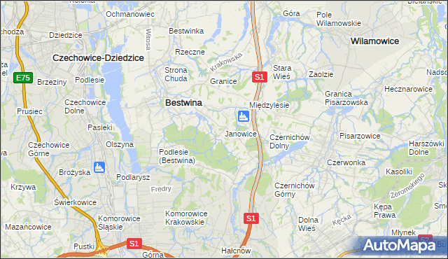 mapa Janowice gmina Bestwina, Janowice gmina Bestwina na mapie Targeo