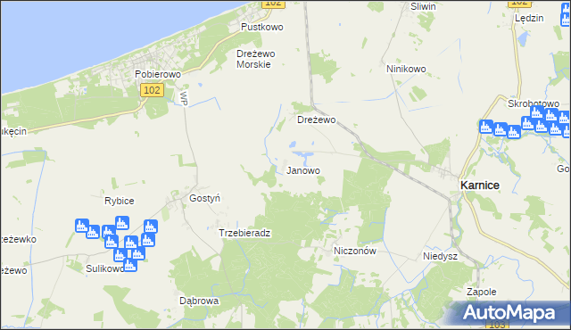 mapa Janowo gmina Karnice, Janowo gmina Karnice na mapie Targeo