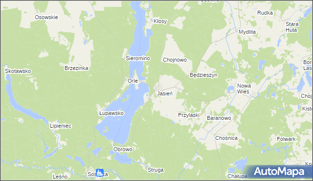mapa Jasień gmina Czarna Dąbrówka, Jasień gmina Czarna Dąbrówka na mapie Targeo