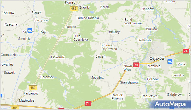 mapa Jasień gmina Osjaków, Jasień gmina Osjaków na mapie Targeo