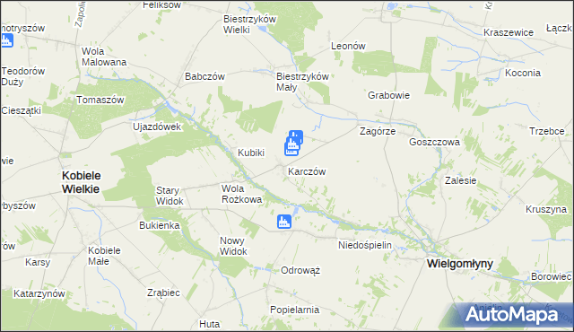 mapa Karczów gmina Wielgomłyny, Karczów gmina Wielgomłyny na mapie Targeo