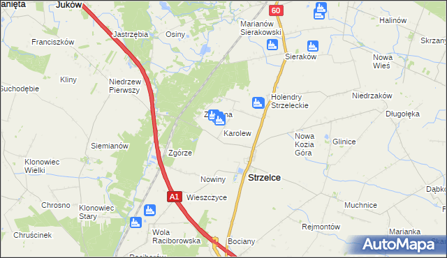 mapa Karolew gmina Strzelce, Karolew gmina Strzelce na mapie Targeo