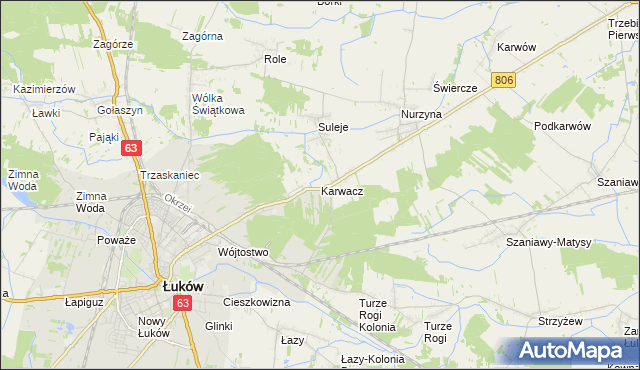 mapa Karwacz gmina Łuków, Karwacz gmina Łuków na mapie Targeo