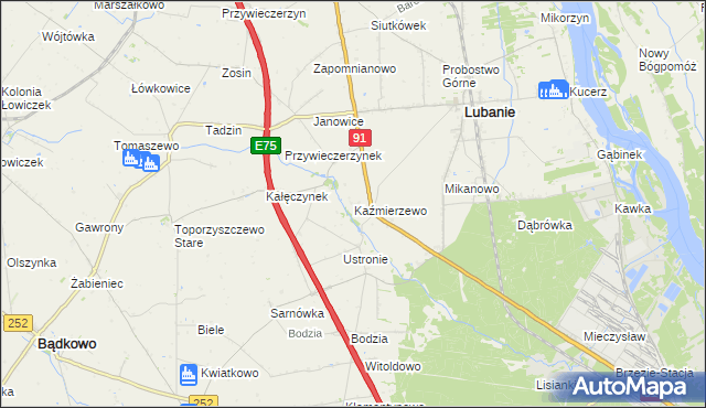 mapa Kaźmierzewo gmina Lubanie, Kaźmierzewo gmina Lubanie na mapie Targeo