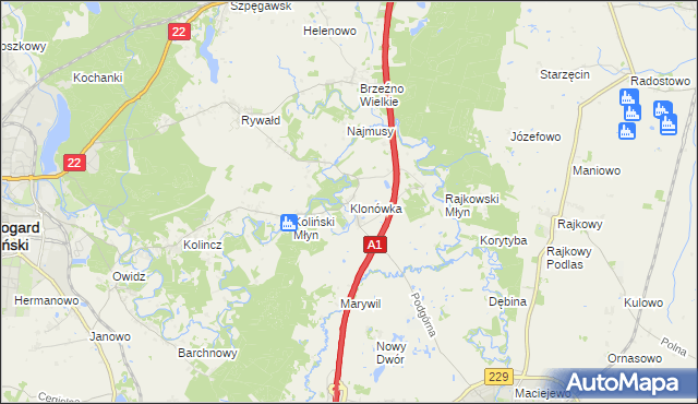 mapa Klonówka gmina Starogard Gdański, Klonówka gmina Starogard Gdański na mapie Targeo