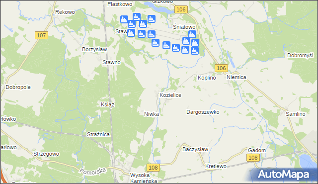 mapa Kozielice gmina Golczewo, Kozielice gmina Golczewo na mapie Targeo