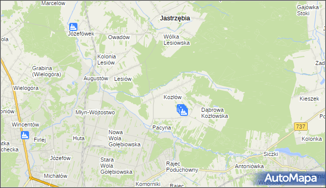 mapa Kozłów gmina Jastrzębia, Kozłów gmina Jastrzębia na mapie Targeo