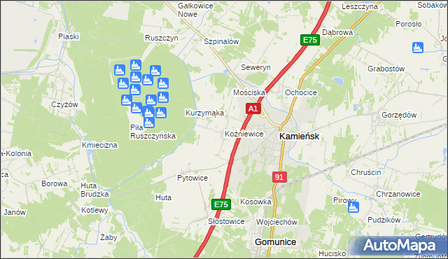 mapa Koźniewice, Koźniewice na mapie Targeo