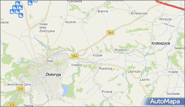 mapa Kozów gmina Złotoryja, Kozów gmina Złotoryja na mapie Targeo