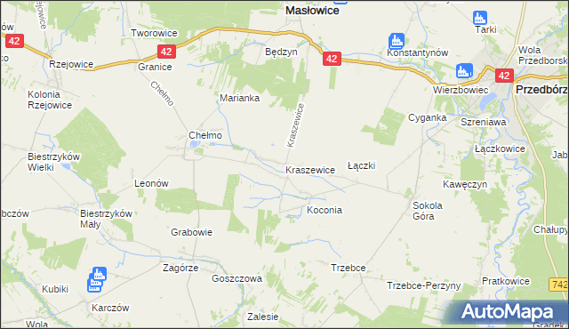 mapa Kraszewice gmina Masłowice, Kraszewice gmina Masłowice na mapie Targeo