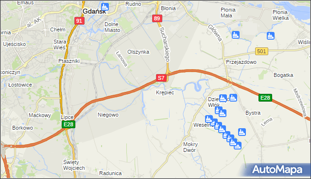 mapa Krępiec gmina Pruszcz Gdański, Krępiec gmina Pruszcz Gdański na mapie Targeo